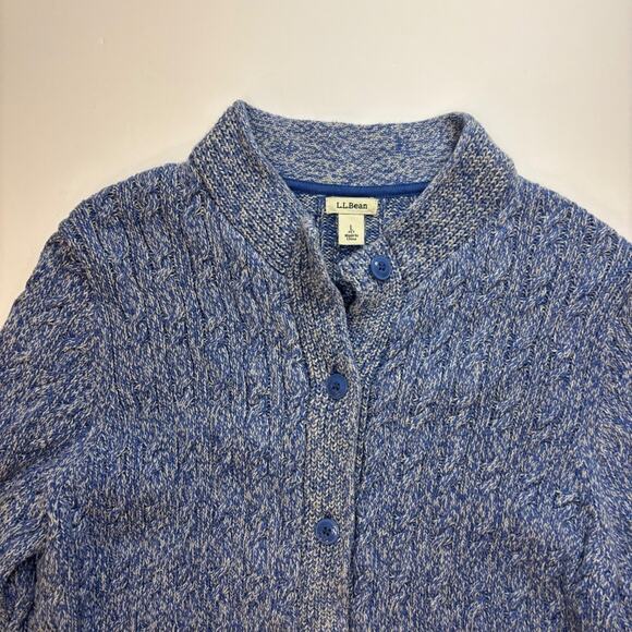LL Bean Cable Knit Cardigan Button Up Womens L Pet. Blue Fisherman Coastal Grand - Picture 2 of 10